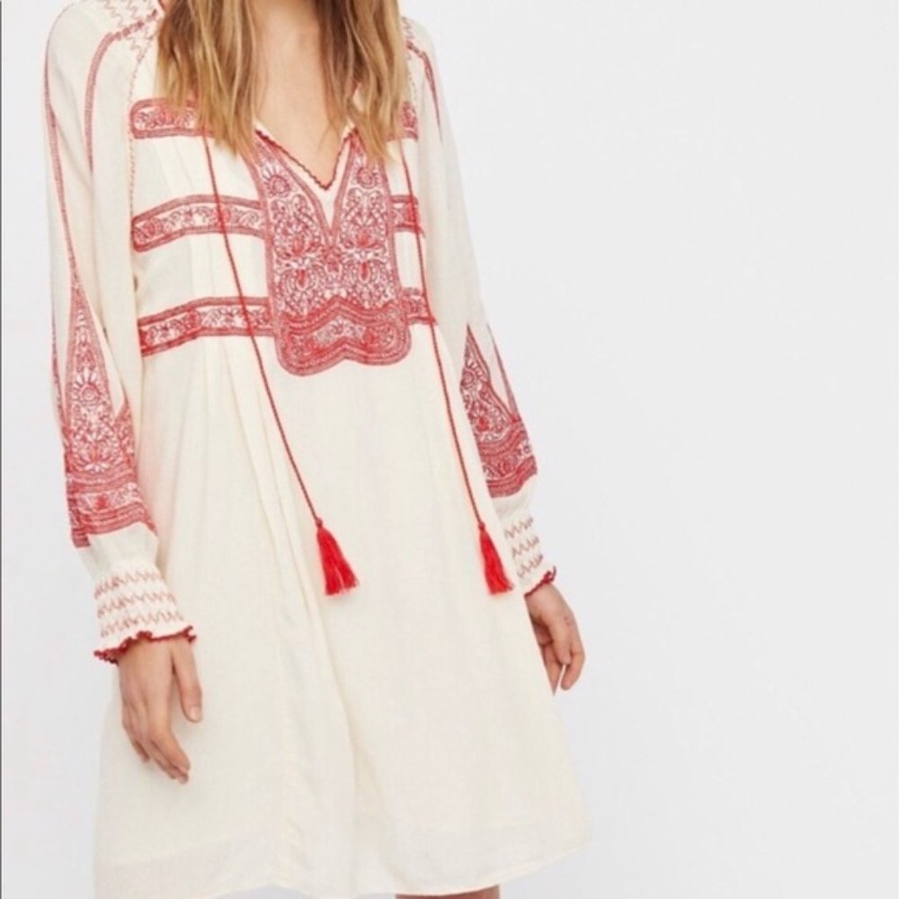 Free People red and cream embroidered tunic - S